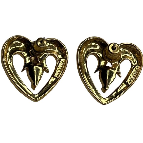 Vintage Napier Heart Shaped Earrings With Clear Stone & Gold Tone Finish - Picture 2 of 2